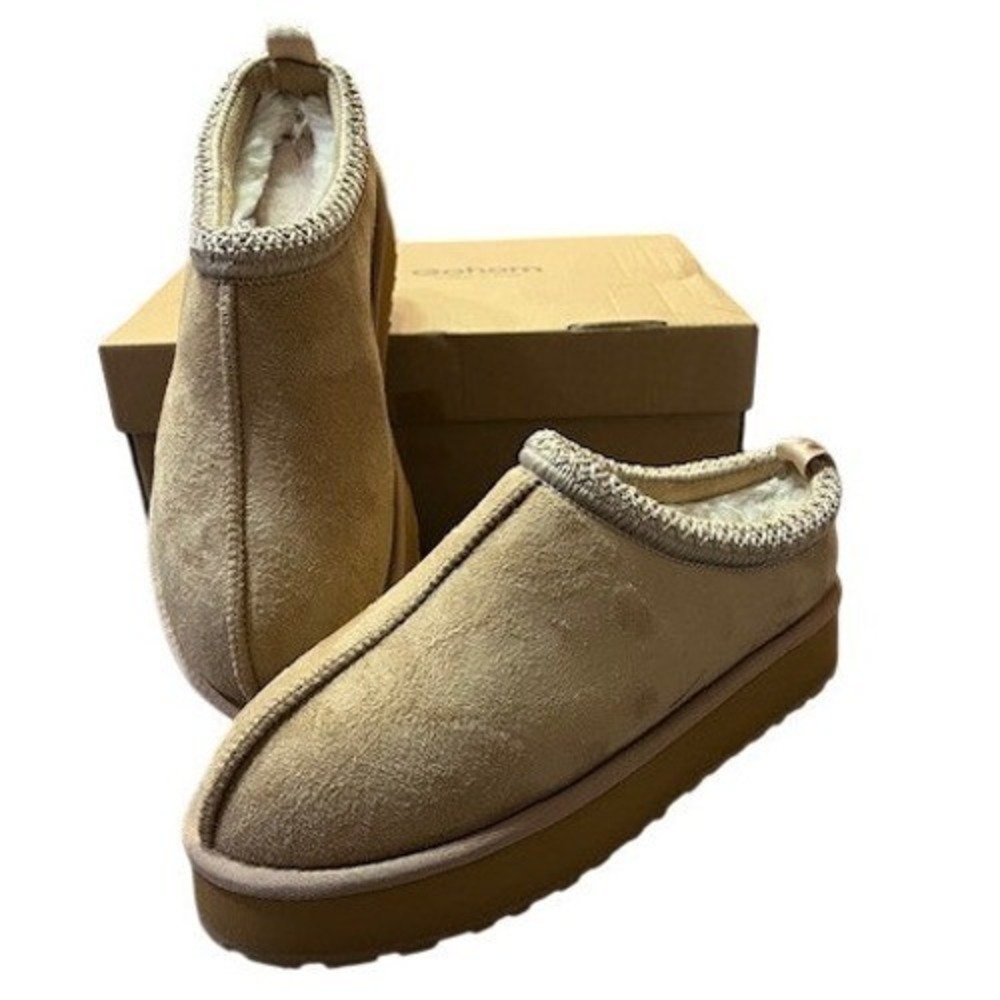 Gohom Women Slippers Chestnut Suede Faux Fur Lined Mules Braid Trim Brown